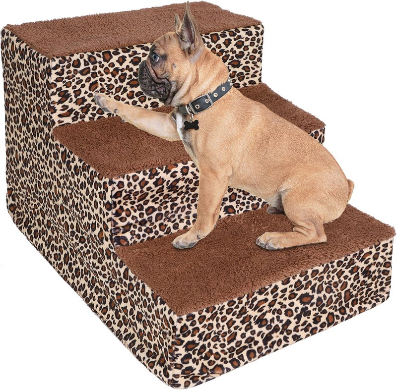 YOFIT Doggy Steps - Non-Slip 3 Steps Pet Stairs for Cats and Dogs, Foldable Plastic with Washable Carpet Holds Up to 50 lbs (Leopard) - Image 1