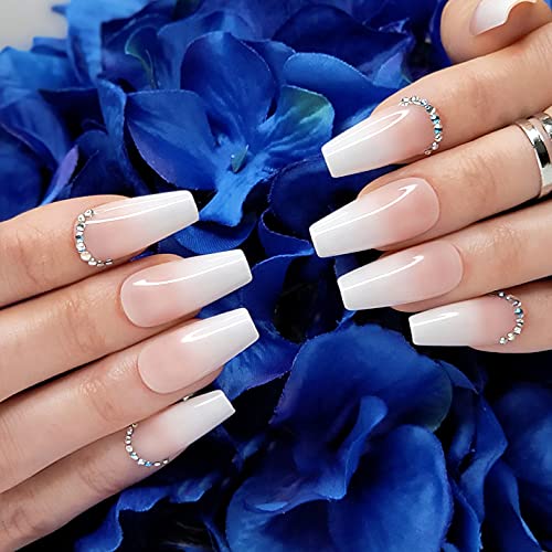 Hypnaughty 24 Pcs Rhinestone Luxury Coffin Press on Nails with Design and Glue Long Fake Nails Nude and White Ombre with Rhinestones Glossy Glue On False Nails Rhinestone - Image 2