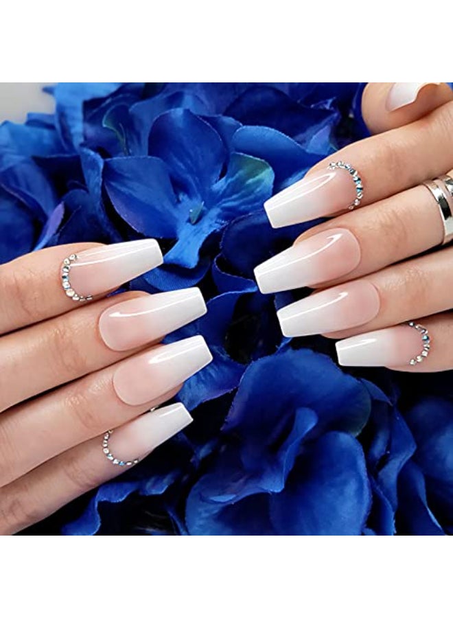 Hypnaughty 24 Pcs Rhinestone Luxury Coffin Press on Nails with Design and Glue Long Fake Nails Nude and White Ombre with Rhinestones Glossy Glue On False Nails Rhinestone - Image 1