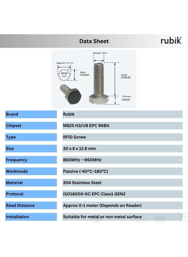 Rubik 8mm RFID UHF Screw Tag U8 (860Mhz-960Mhz), 304 Stainless Steel High Temprature Resistance Long Range Electronic RFID Bolt EPCglobal Class 1 Gen 2 ISO18000-6C Protocol (RB-M825, 2Pcs) - Image 2