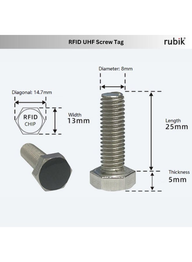 Rubik 8mm RFID UHF Screw Tag U8 (860Mhz-960Mhz), 304 Stainless Steel High Temprature Resistance Long Range Electronic RFID Bolt EPCglobal Class 1 Gen 2 ISO18000-6C Protocol (RB-M825, 2Pcs) - Image 3