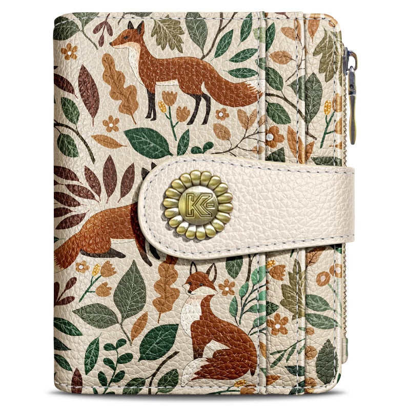 Kelvoris Cute Fox Leaves Small Rfid Women Wallet Bifold Zipper Coin Pocket PU Leather Compact Cash Credit Card Holder Travel Wallet for Female Ladies Teen Girls 1 ID Window 10 Card Slots - Image 1