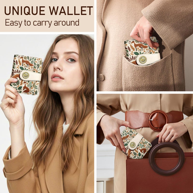 Kelvoris Cute Fox Leaves Small Rfid Women Wallet Bifold Zipper Coin Pocket PU Leather Compact Cash Credit Card Holder Travel Wallet for Female Ladies Teen Girls 1 ID Window 10 Card Slots - Image 2