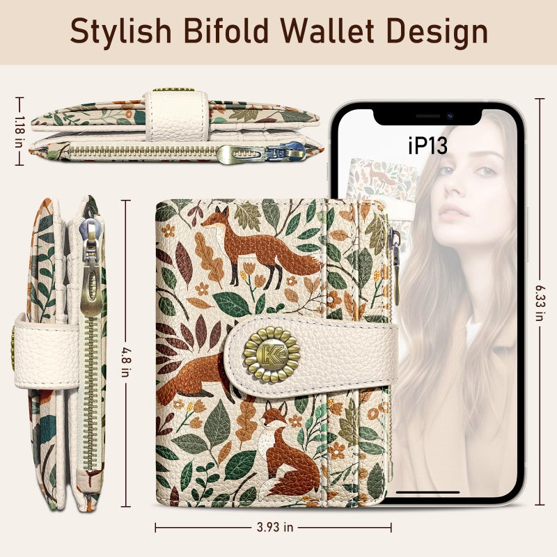 Kelvoris Cute Fox Leaves Small Rfid Women Wallet Bifold Zipper Coin Pocket PU Leather Compact Cash Credit Card Holder Travel Wallet for Female Ladies Teen Girls 1 ID Window 10 Card Slots - Image 5