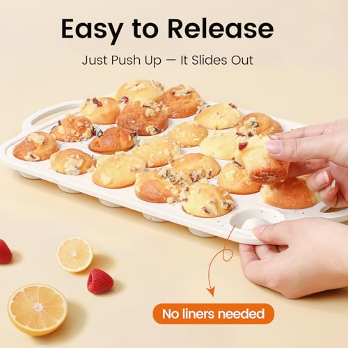 Fimary Silicone Mini Muffin Pan With Metal Reinforced Frame - 24 Cups Durable Silicone Cupcake Pan for Muffin, Cupcakes, BPA Free and Dishwasher Safe - 1 Piece Beige with Rainbow Spots - Image 3