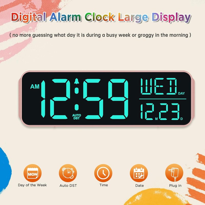 Peakeep Kids Digital Alarm Clock for Bedrooms, Date Day of Week Large Display Numbers 6 Brightness Dimmer, 5 Volume Loud for Heavy Sleepers, 8 RGB Colors Electric Desk Clock Battery Backup, Auto DST - Image 2