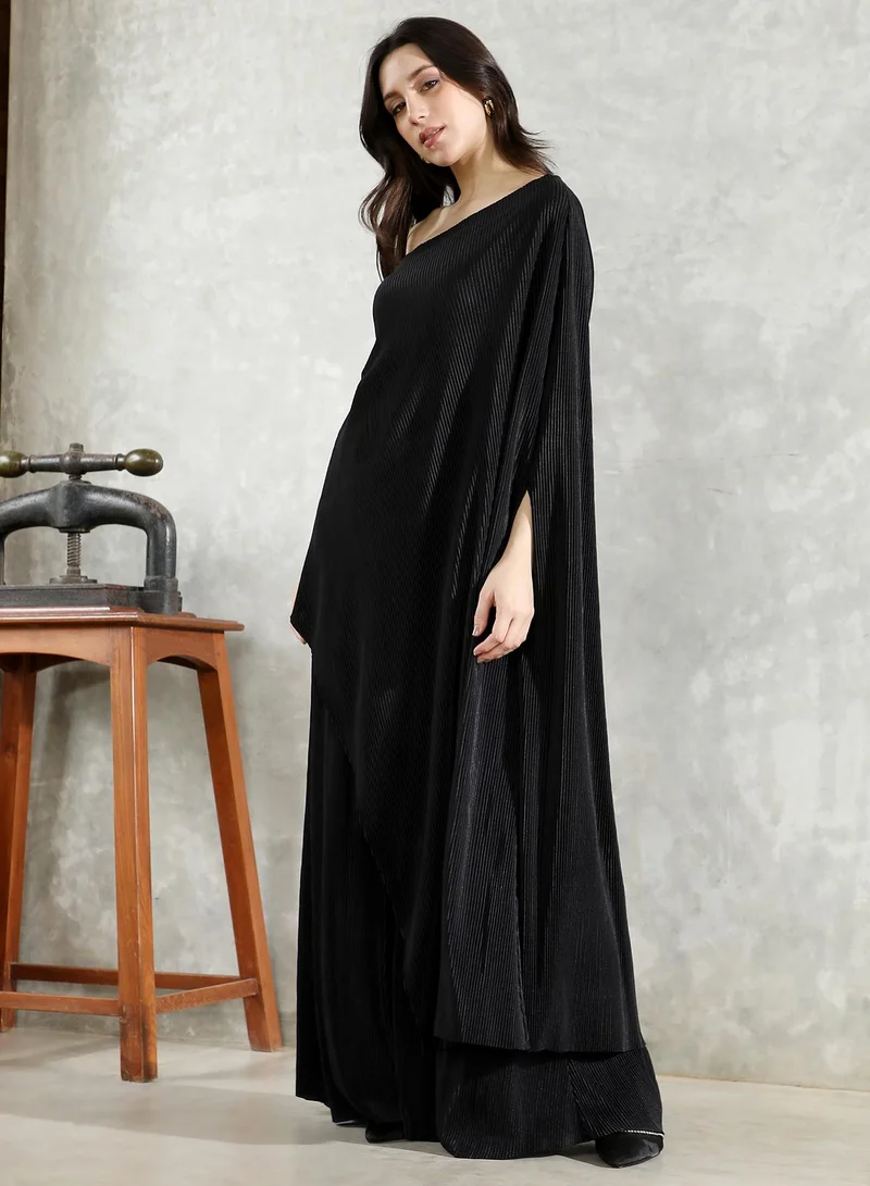 QISSA Women's Asymmetrical-Pleated Co-Ord Set For Ethnic Wear | One-Shoulder, Quarter Bat Sleeves | Solid Pleated Woven Fabric | 2 Piece Co-Ords Designed For Evening & Party Wear | Midnight Black