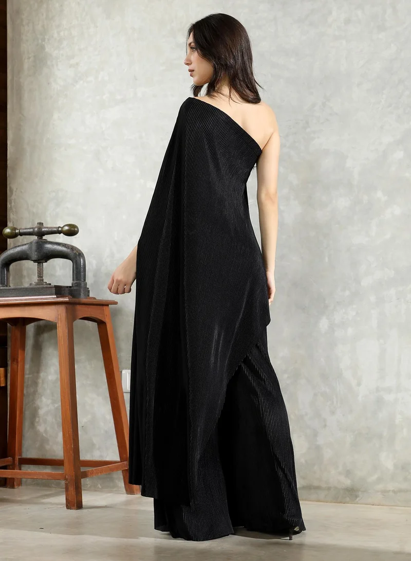 QISSA Women's Asymmetrical-Pleated Co-Ord Set For Ethnic Wear | One-Shoulder, Quarter Bat Sleeves | Solid Pleated Woven Fabric | 2 Piece Co-Ords Designed For Evening & Party Wear | Midnight Black