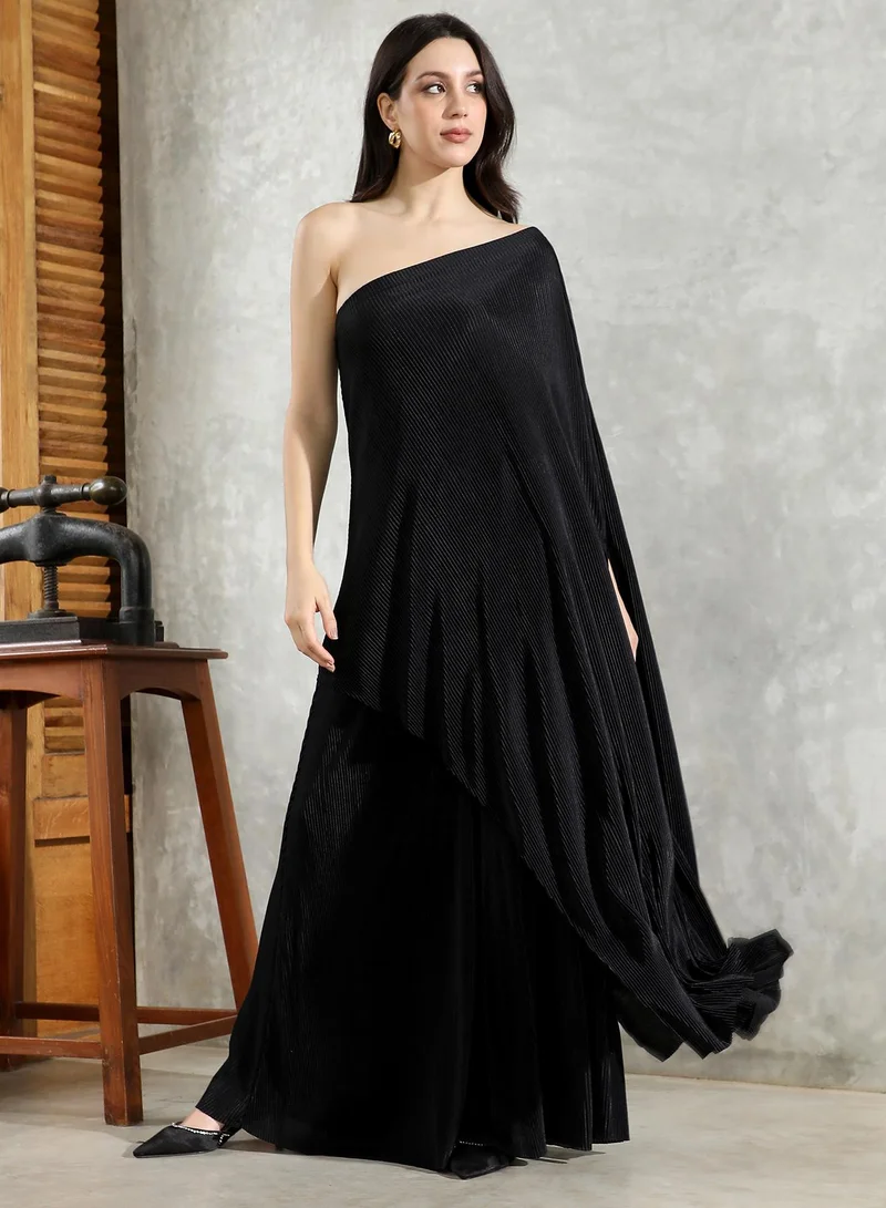 QISSA Women's Asymmetrical-Pleated Co-Ord Set For Ethnic Wear | One-Shoulder, Quarter Bat Sleeves | Solid Pleated Woven Fabric | 2 Piece Co-Ords Designed For Evening & Party Wear | Midnight Black