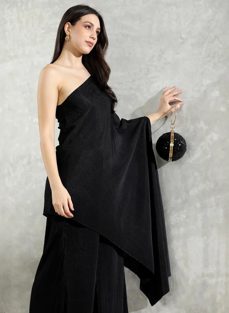 QISSA Women's Asymmetrical-Pleated Co-Ord Set For Ethnic Wear | One-Shoulder, Quarter Bat Sleeves | Solid Pleated Woven Fabric | 2 Piece Co-Ords Designed For Evening & Party Wear | Midnight Black