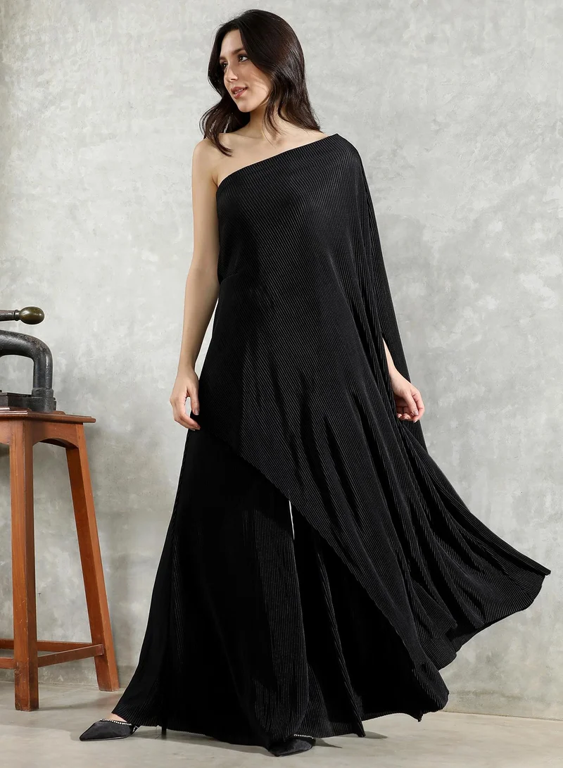 QISSA Women's Asymmetrical-Pleated Co-Ord Set For Ethnic Wear | One-Shoulder, Quarter Bat Sleeves | Solid Pleated Woven Fabric | 2 Piece Co-Ords Designed For Evening & Party Wear | Midnight Black