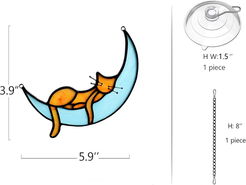 BOXCASA Sleeping Cat Stained Glass Windown Hanging,Orange Cat on Moon Beautiful Handcrafted Sun Catcher Gifts for Daughter,Mothers Day,Christmas and Cat Lover - Image 2