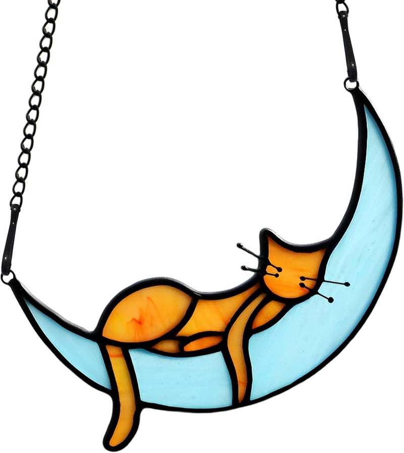 BOXCASA Sleeping Cat Stained Glass Windown Hanging,Orange Cat on Moon Beautiful Handcrafted Sun Catcher Gifts for Daughter,Mothers Day,Christmas and Cat Lover - Image 1