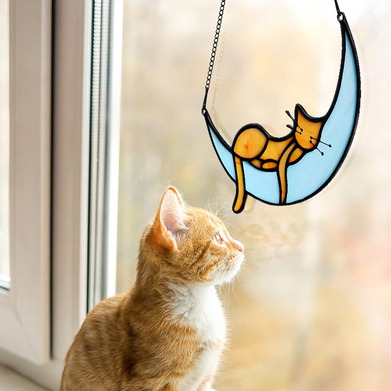 BOXCASA Sleeping Cat Stained Glass Windown Hanging,Orange Cat on Moon Beautiful Handcrafted Sun Catcher Gifts for Daughter,Mothers Day,Christmas and Cat Lover - Image 5