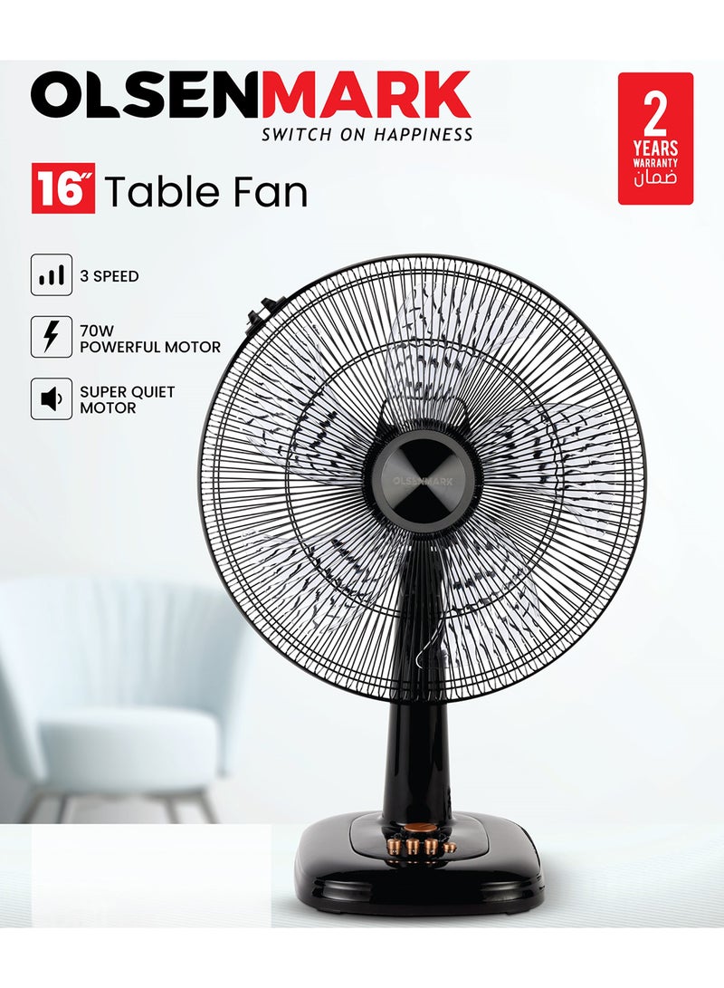 Olsenmark 16 Inch Table Fan with 3 Speed Control, Powerful Super Quiet Motor, Wide Range Oscillation, Poly Coated Safety Grill & High Air Flow 70 W OMF1699F Black - Image 1