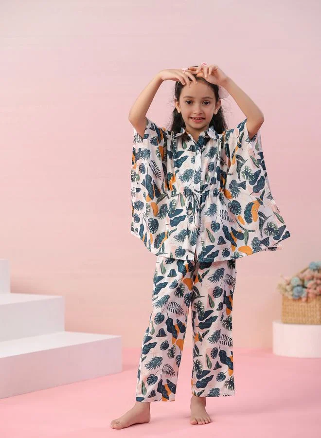 sanskrutihomes sanskrutihomes Leaf Print Collared Kaftan and Pyjama Set