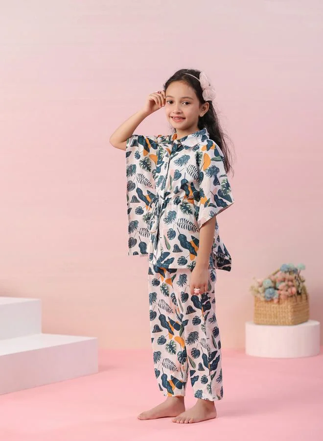 sanskrutihomes sanskrutihomes Leaf Print Collared Kaftan and Pyjama Set
