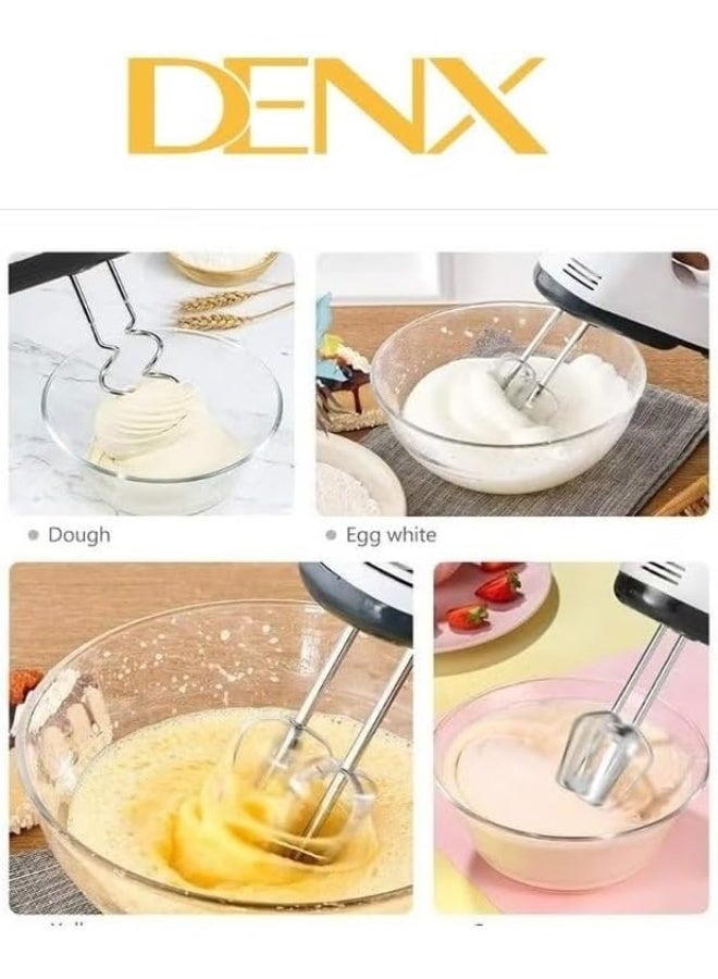دينكس خلاط يدوي كهربائي من DENX بسبع سرعات - خفاقة بيض أوتوماتيكية مع مضارب من الفولاذ المقاوم للصدأ، خلاط يدوي خفيف الوزن للبيض والكريمة والعجين والخبز - أبيض/أسود، 260 واط، 0.8 كجم - Image 3