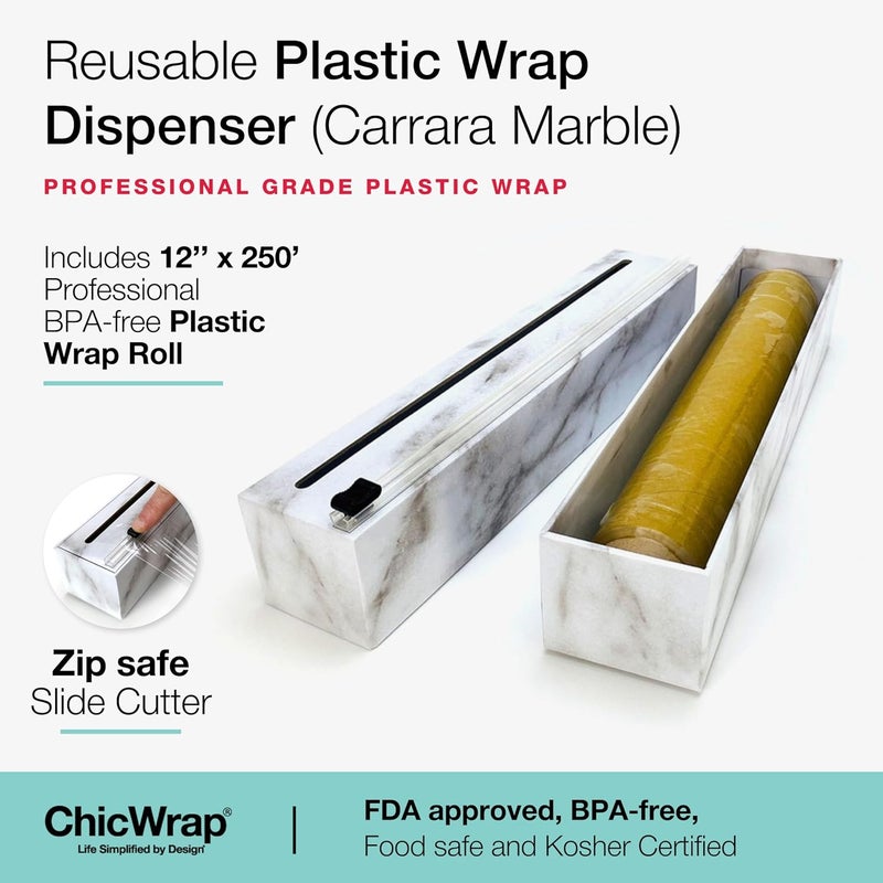 ChicWrap Carrara Marble Refillable Plastic Wrap Dispenser - One 12" x 250' Roll of Professional Grade Plastic Wrap - BPA Free and Kosher Certified - Reusable Dispenser w/Slide Cutter - Image 2