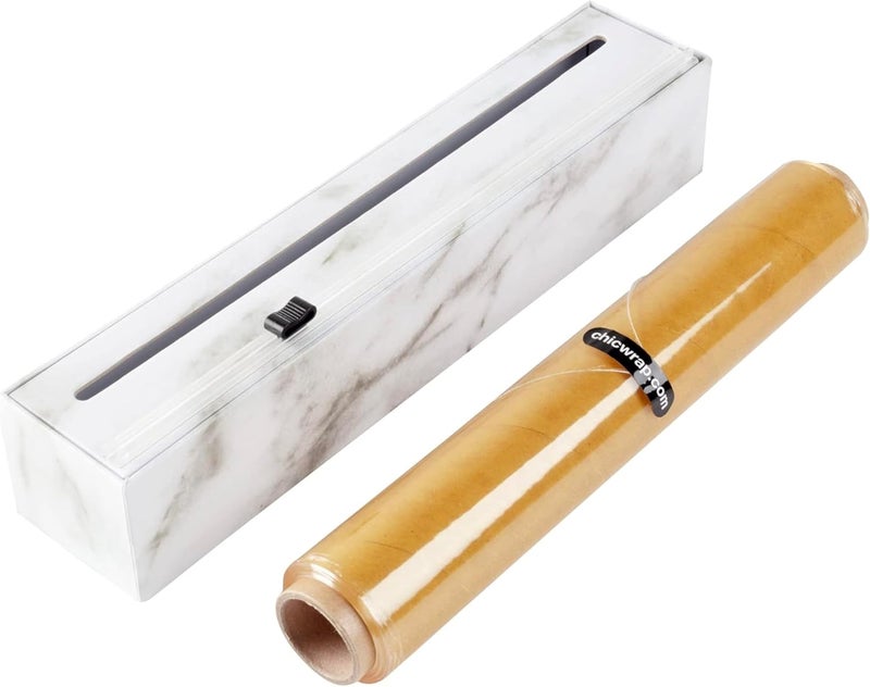ChicWrap Carrara Marble Refillable Plastic Wrap Dispenser - One 12" x 250' Roll of Professional Grade Plastic Wrap - BPA Free and Kosher Certified - Reusable Dispenser w/Slide Cutter - Image 1
