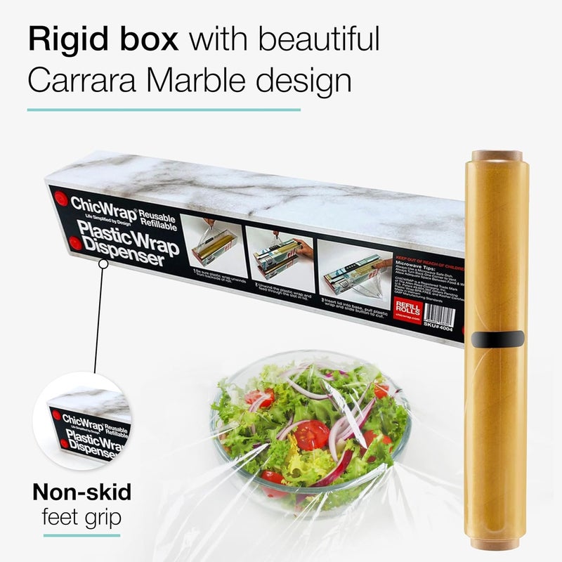 ChicWrap Carrara Marble Refillable Plastic Wrap Dispenser - One 12" x 250' Roll of Professional Grade Plastic Wrap - BPA Free and Kosher Certified - Reusable Dispenser w/Slide Cutter - Image 3
