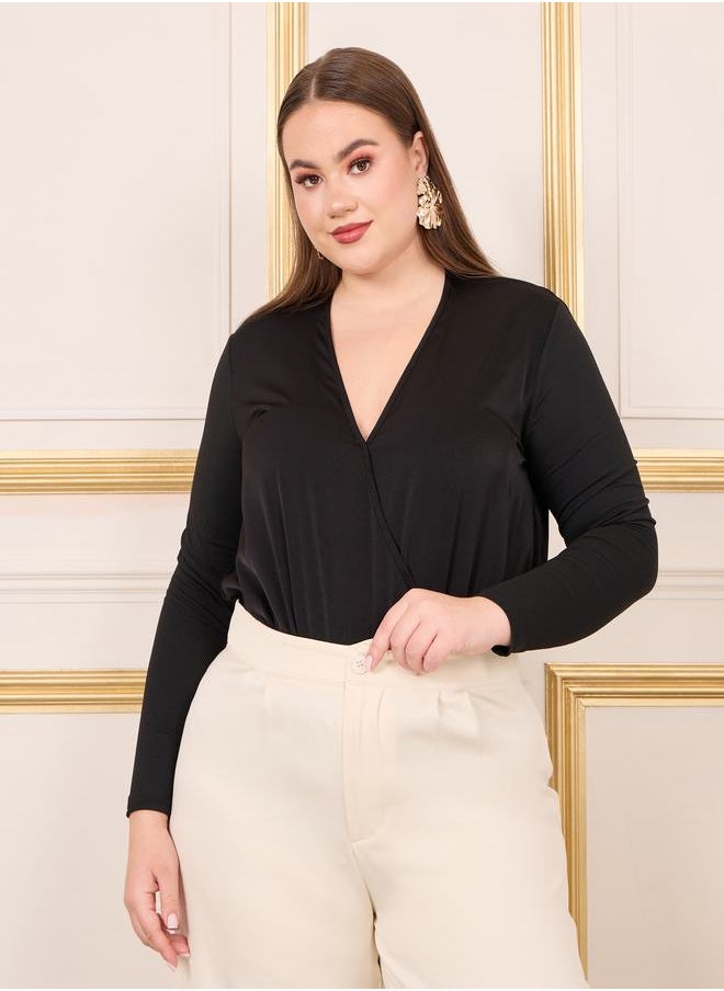Styli - Plus Satin Long Sleeve V Neck Bodysuit - Image 1