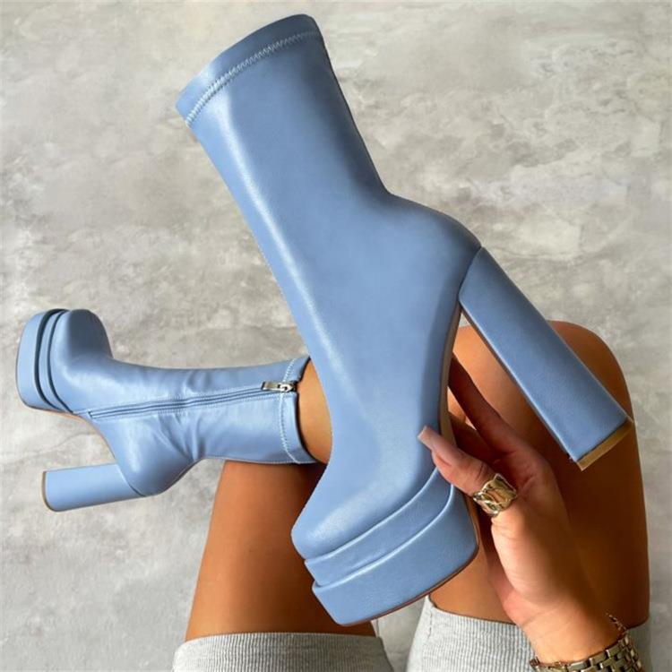 2022 Export New Style Double Waterproof Platform Mid-Calf Boots Square Toe Thick Heel Super High Heel Side Zipper Short Boots Women'S Boots - Image 3