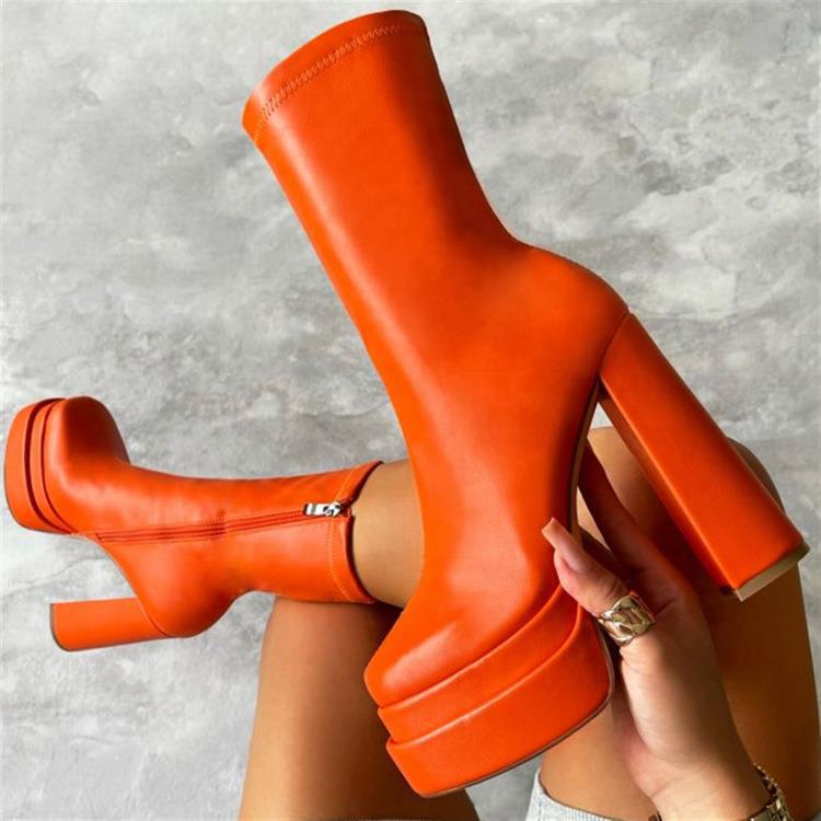 2022 Export New Style Double Waterproof Platform Mid-Calf Boots Square Toe Thick Heel Super High Heel Side Zipper Short Boots Women'S Boots - Image 2