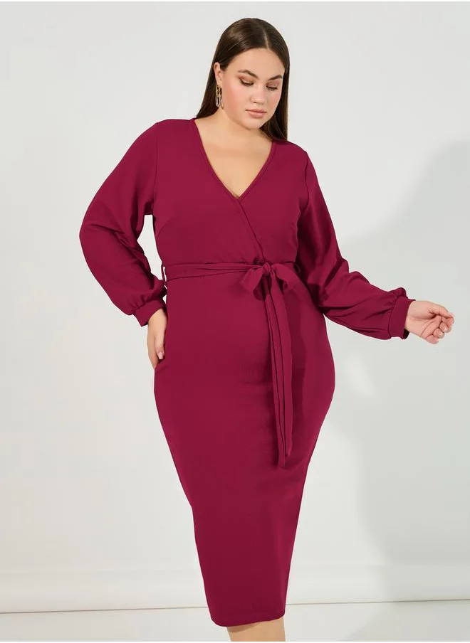 Styli Plus Size Tie Belt Wrap Front Maxi Dress