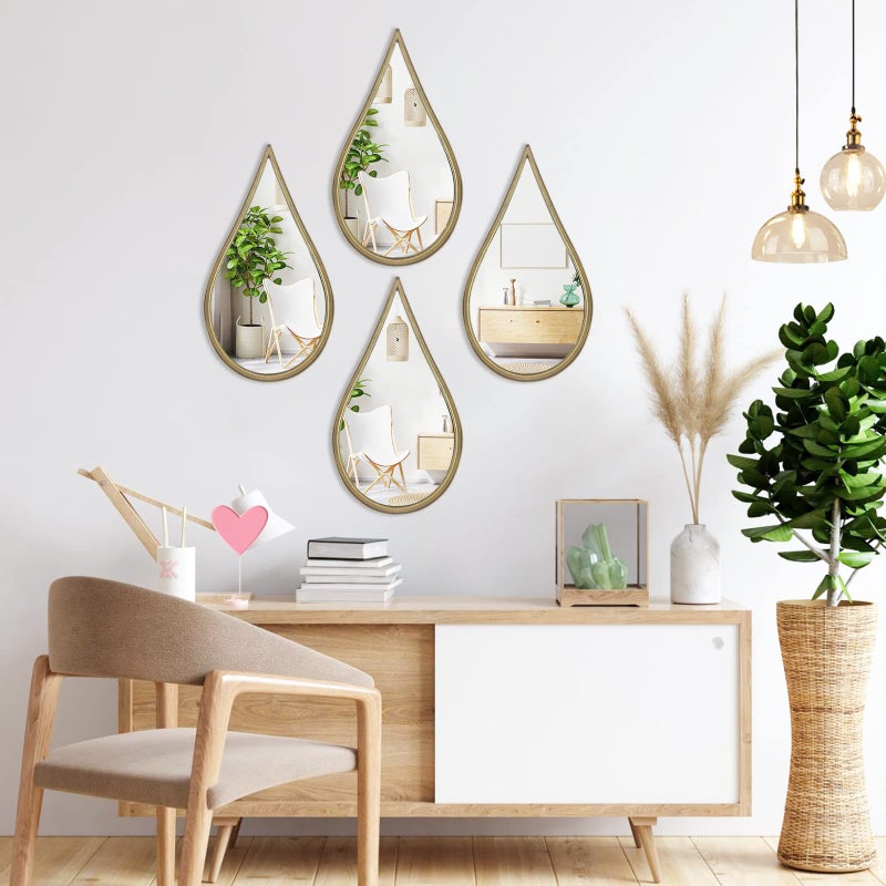 BAODANFU Decorative Mirrors Wall Mounted Mirror Teardrop Shape Metal Frame for Bedroom Living Dining Room Entryway Bathroom Vanity (Rusty Vintage Gold, 4-Pack) - Image 1