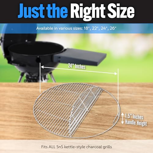 Slow 'N Sear SnS Grills Slow ‘N Sear EasySpin Charcoal Grill Cooking Grate - Compatible with Weber and Other Grills, 2-Zone Stainless Steel Hinged Replacement - Tailgating & Backyard Cooking - 24” Inches - Image 2