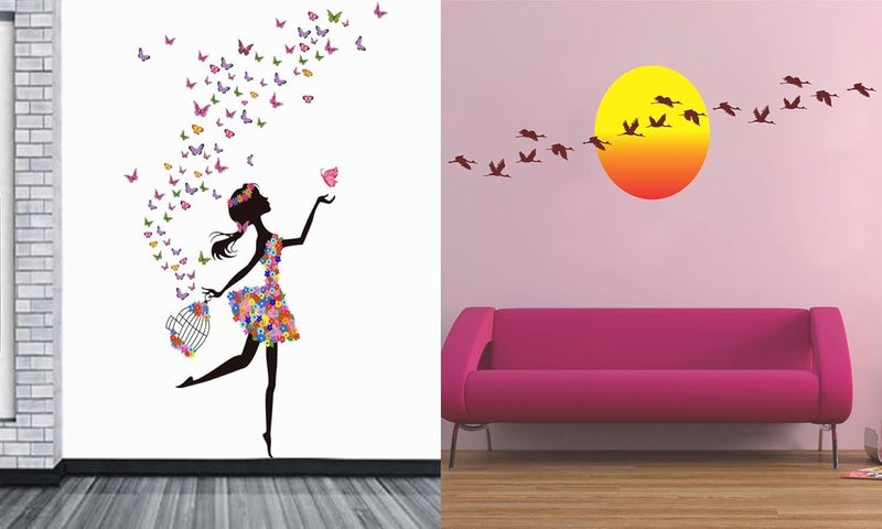 WalltechSet of 2 Wall Sticker Dream Girl and Sunrise with Flying Birds Wall Sticker - Image 1