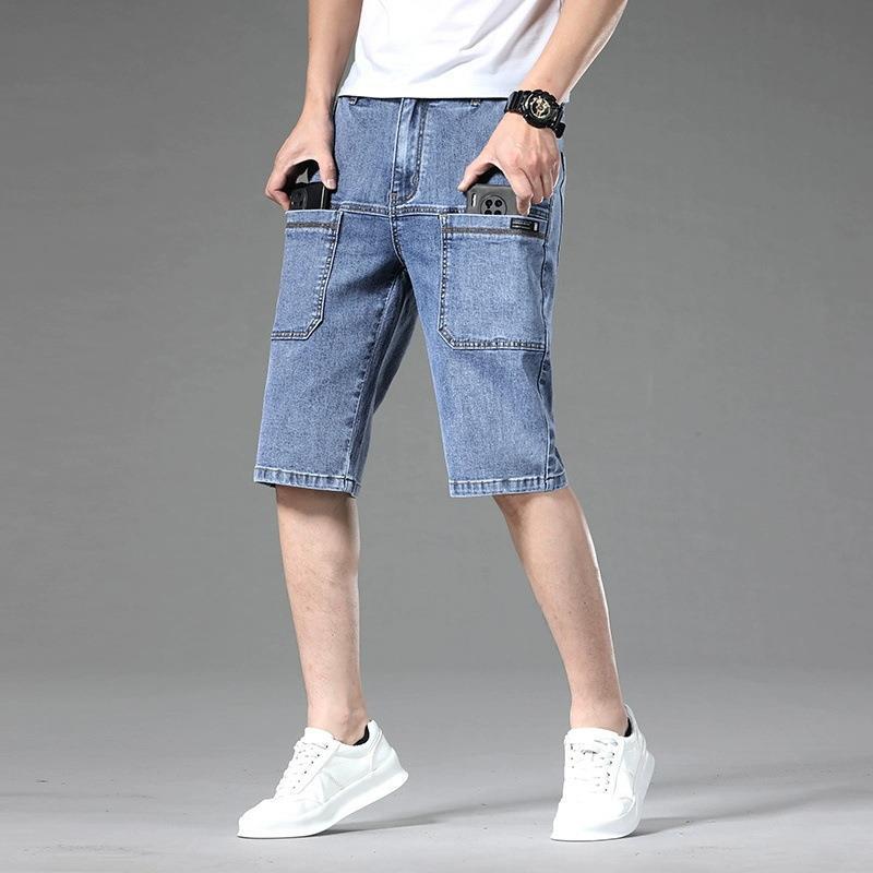 Generic Four Seasons regular six-pocket cropped jeans mens stretch trendy fashionable loose casual breathable autumn Internet celebrity Middle pants 8027 light blue shorts 