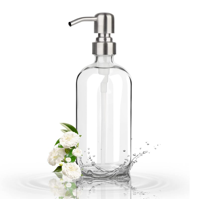 GLUBEE Clear Glass Soap Dispenser 500ml Washing Up Liquid Dispenser with Stainless Steel Pump BPA Free Eco Friendly for Bathroom Kitchen Sink