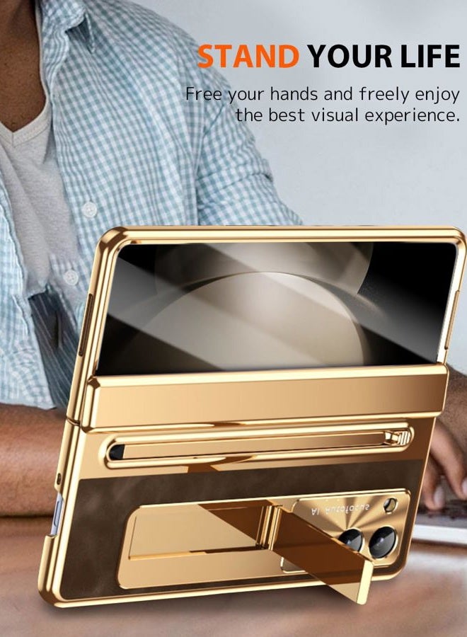 NINKI for Samsung Galaxy Z Fold 5 Case with S Pen & S Pen Holder, Kickstand & Front Screen Protector Hinge Electroplating Leather Phone Cover for Z Fold 5 Case with Stand and Stylus – Gold with Coffee - Image 5