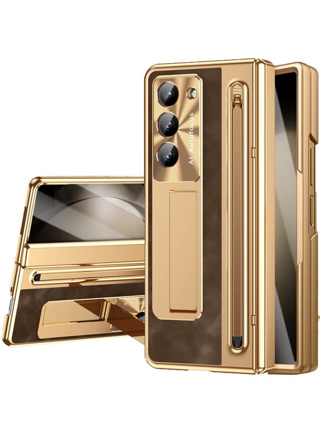 NINKI for Samsung Galaxy Z Fold 5 Case with S Pen & S Pen Holder, Kickstand & Front Screen Protector Hinge Electroplating Leather Phone Cover for Z Fold 5 Case with Stand and Stylus – Gold with Coffee - Image 1