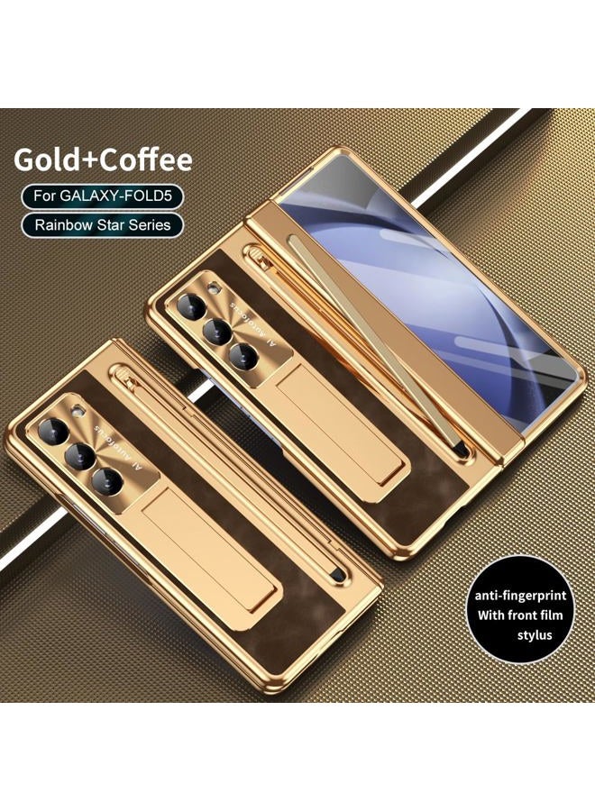 NINKI for Samsung Galaxy Z Fold 5 Case with S Pen & S Pen Holder, Kickstand & Front Screen Protector Hinge Electroplating Leather Phone Cover for Z Fold 5 Case with Stand and Stylus – Gold with Coffee - Image 4
