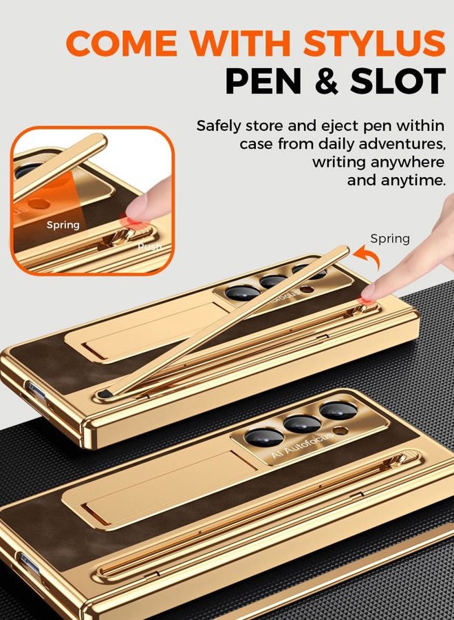 NINKI for Samsung Galaxy Z Fold 5 Case with S Pen & S Pen Holder, Kickstand & Front Screen Protector Hinge Electroplating Leather Phone Cover for Z Fold 5 Case with Stand and Stylus – Gold with Coffee - Image 2