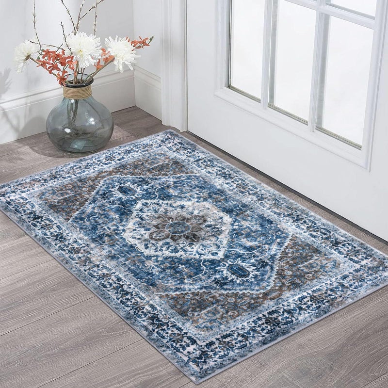 KOZYFLY Small Area Rug 2x3 Ft Rugs for Entryway Washable Boho Entry Rug Non Slip Door Mat Indoor Entrance Blue Printed Faux Wool Vintage Printed Kitchen Rug Throw Rugs for Entrance Kitchen Bathroom - Image 1