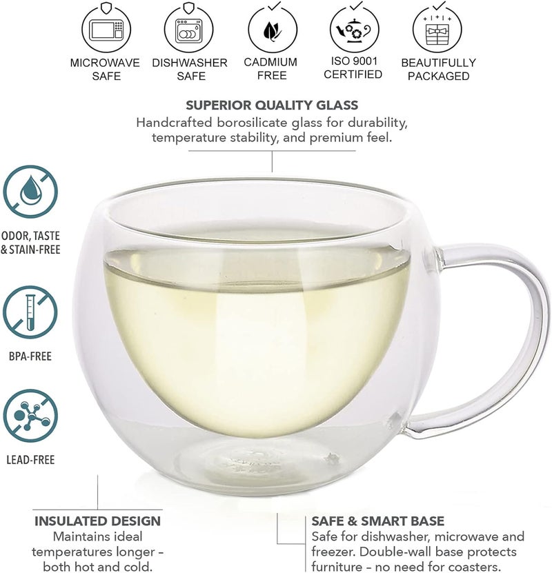Teabloom Modern Classic Insulated Cups – 6 oz / 200 ml – Set of 4 Double Walled Glass Cups for Tea or Espresso - Image 2