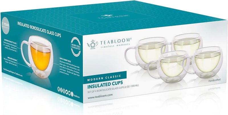 Teabloom Modern Classic Insulated Cups – 6 oz / 200 ml – Set of 4 Double Walled Glass Cups for Tea or Espresso - Image 5