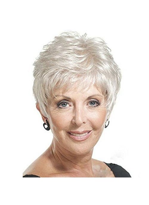 Royalfirst Short White Wigs for Women Synthetic Layered Curly Pixie Wig with Bangs Natural Looking Daily Costume Ladies Wig 