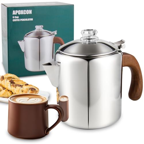 APOXCON Coffee Percolator Stainless Steel Coffee Maker with Fireproof Solid Wood Handle & Tough Glass Clear Brew Progress Knob Camping Coffee Pot Using on any Stovetop NO Aluminum NO Plastic (6 Cup) - Image 1