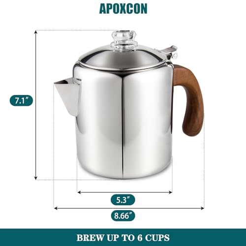 APOXCON Coffee Percolator Stainless Steel Coffee Maker with Fireproof Solid Wood Handle & Tough Glass Clear Brew Progress Knob Camping Coffee Pot Using on any Stovetop NO Aluminum NO Plastic (6 Cup) - Image 2