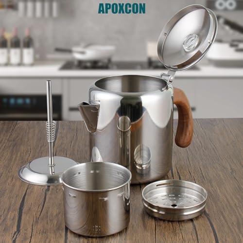 APOXCON Coffee Percolator Stainless Steel Coffee Maker with Fireproof Solid Wood Handle & Tough Glass Clear Brew Progress Knob Camping Coffee Pot Using on any Stovetop NO Aluminum NO Plastic (6 Cup) - Image 3