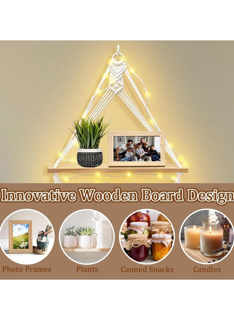 Antikiano - Macrame Hanging Photo Display Wall Decor with Wooden Shelf, Boho Room Bedroom Decor, Picture Card Frame Collage Board with Light 30 Clips, Teenage Teen Girl Gifts - Image 1