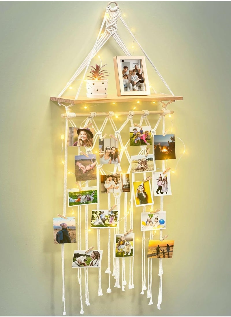 Antikiano - Macrame Hanging Photo Display Wall Decor with Wooden Shelf, Boho Room Bedroom Decor, Picture Card Frame Collage Board with Light 30 Clips, Teenage Teen Girl Gifts - Image 1