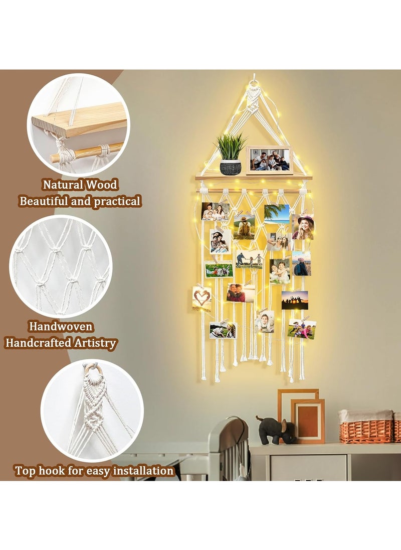 Antikiano - Macrame Hanging Photo Display Wall Decor with Wooden Shelf, Boho Room Bedroom Decor, Picture Card Frame Collage Board with Light 30 Clips, Teenage Teen Girl Gifts - Image 1