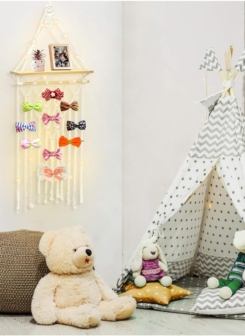 Antikiano - Macrame Hanging Photo Display Wall Decor with Wooden Shelf, Boho Room Bedroom Decor, Picture Card Frame Collage Board with Light 30 Clips, Teenage Teen Girl Gifts - Image 1