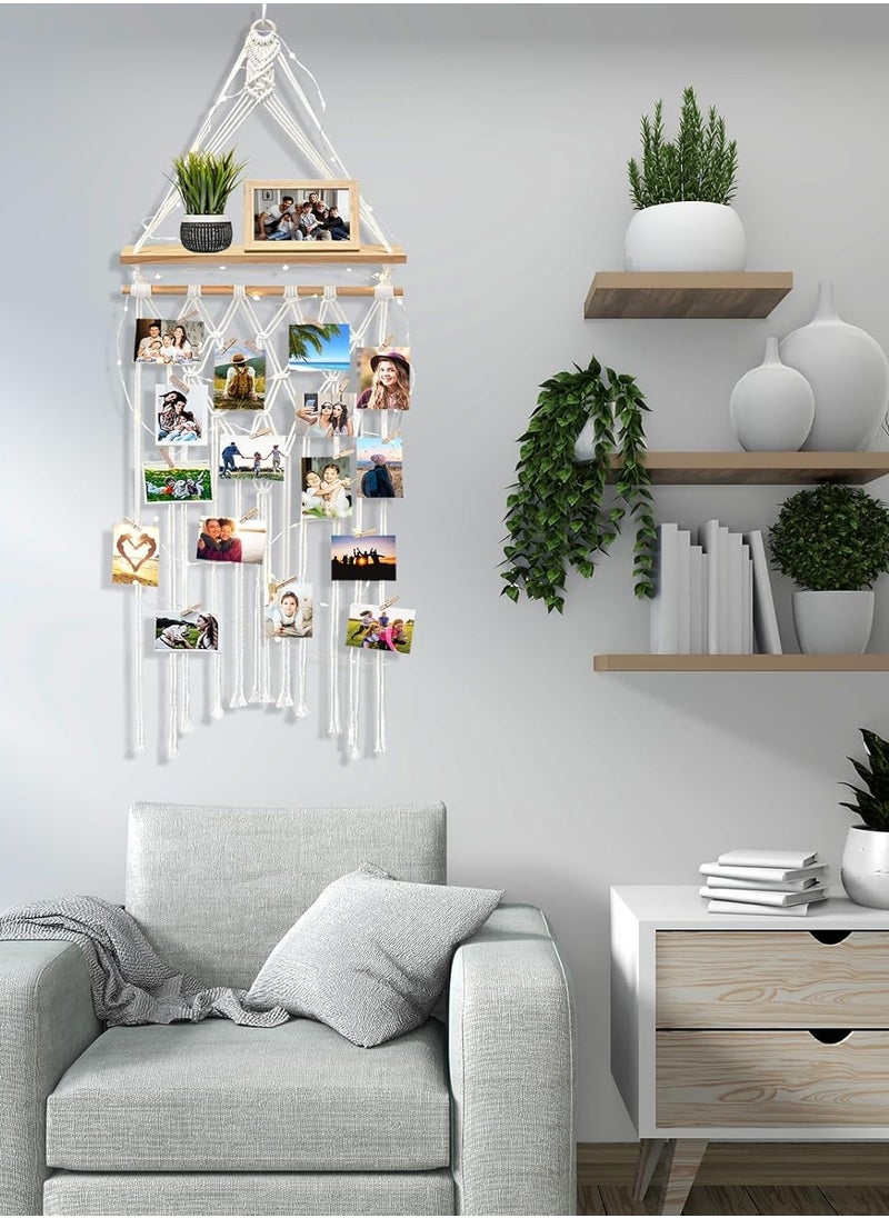 Antikiano - Macrame Hanging Photo Display Wall Decor with Wooden Shelf, Boho Room Bedroom Decor, Picture Card Frame Collage Board with Light 30 Clips, Teenage Teen Girl Gifts - Image 1